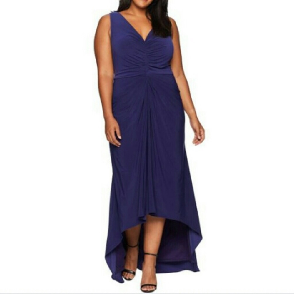 Adrianna Papell Draped High Low V-Neck Ruched Gown